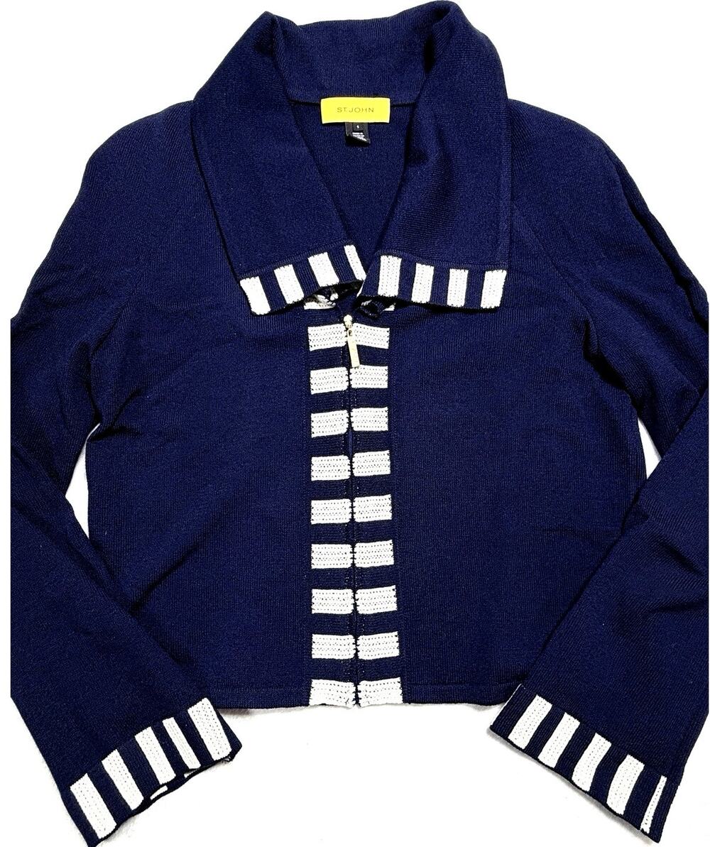 St John Knit Jacket Zip Cardigan Navy Blue Ivory Trim Quiet Luxury Vtg Sz Sm